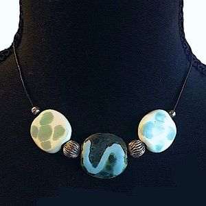 NEW HAND CRAFTED CERAMIC & STERLING SILVER BEADED CHOKER LEATHER CORD NECKLACE